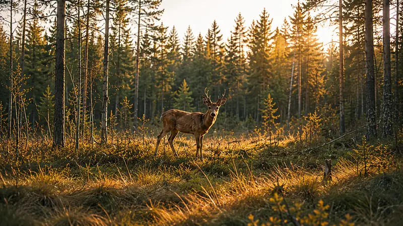 Råbock i en skogsglänta i gyllene kvällsljus