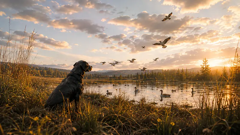 Fågelhund sitter vid våtmarken och blickar mot änder som lyfter över dammen
