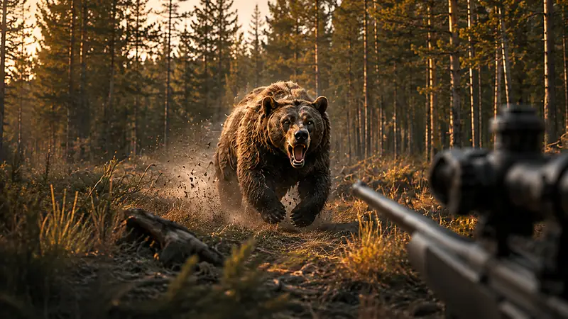 Anfallande brunbjörn på skogsstig sedd över gevärspipan