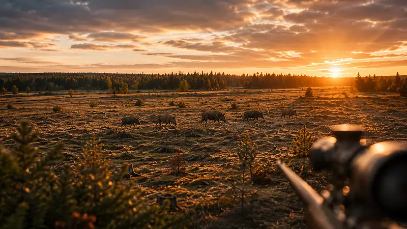 Vildsvinsgrupp korsar fältet i solnedgången, sedd från jakttornet över gevärspipan